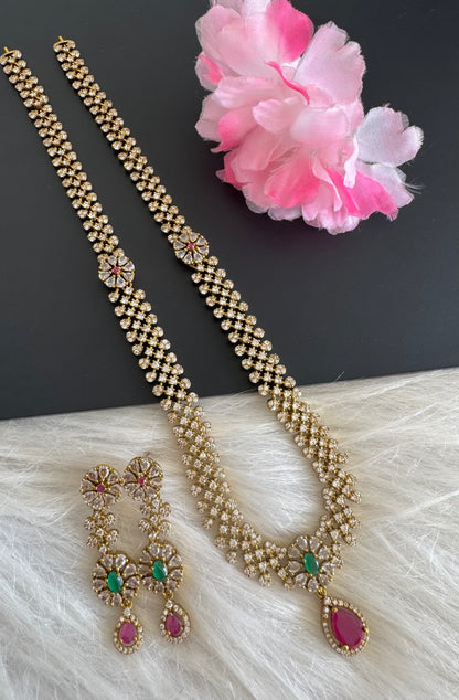 Antique gold tone cz ruby-green flower haar set dj-51235
