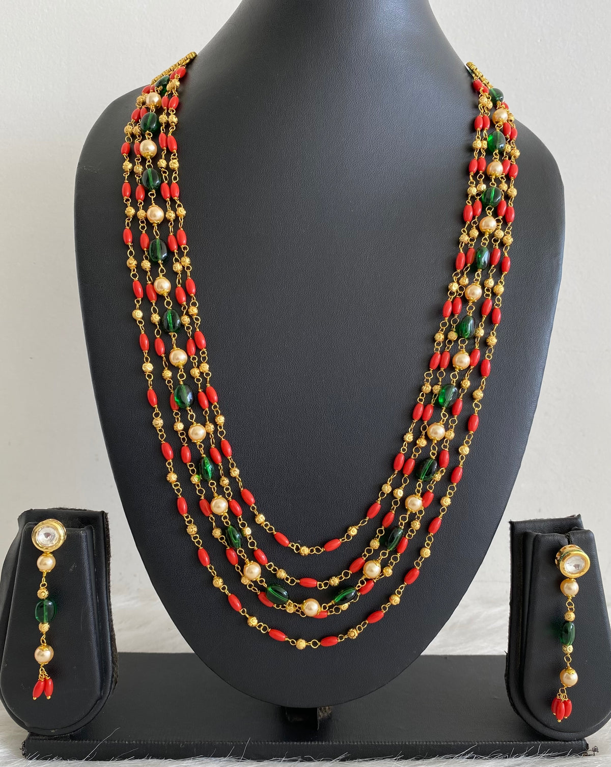 Antique gold tone multilayer coral-green beaded necklace set dj-54985