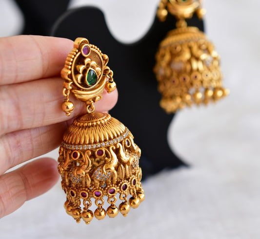 Antique gold tone kemp-green-white elephant jhumkka dj-52983