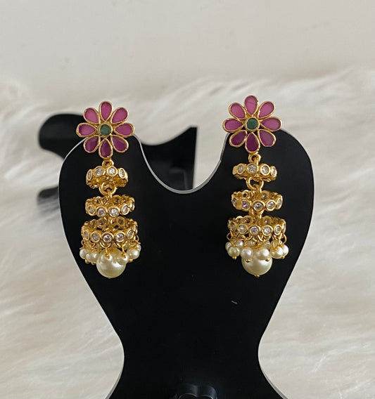 Antique gold tone ruby-green-white stone pearl step jhumkka dj-54630
