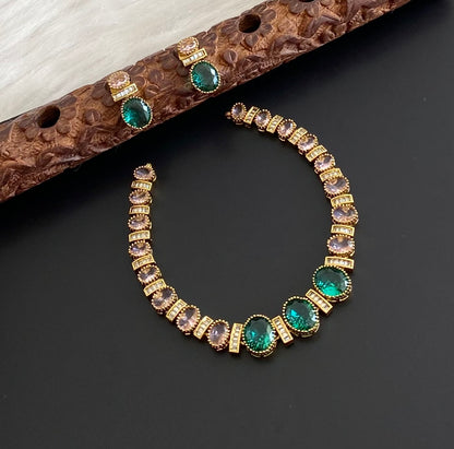 Antique gold tone white stone baby pink peacock green stone necklace set dj-54810