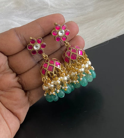 Antique gold tone pink-white stone kundan jadau green beaded pearl jhumkka  dj-54584