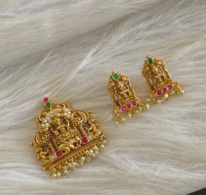 Antique gold tone pink-green-white pearl lakshmi peacock pendant set dj-54771