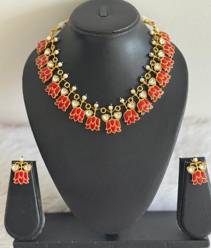 Gold tone coral-white kundan jadau lotus necklace set dj-51543