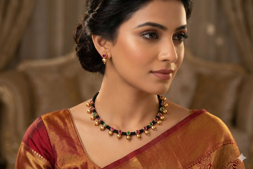 Matte finish kemp-green black silk thread necklace set dj-52406