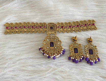 Antique gold tone ruby-white kundan purple beaded choker necklace set dj-54801