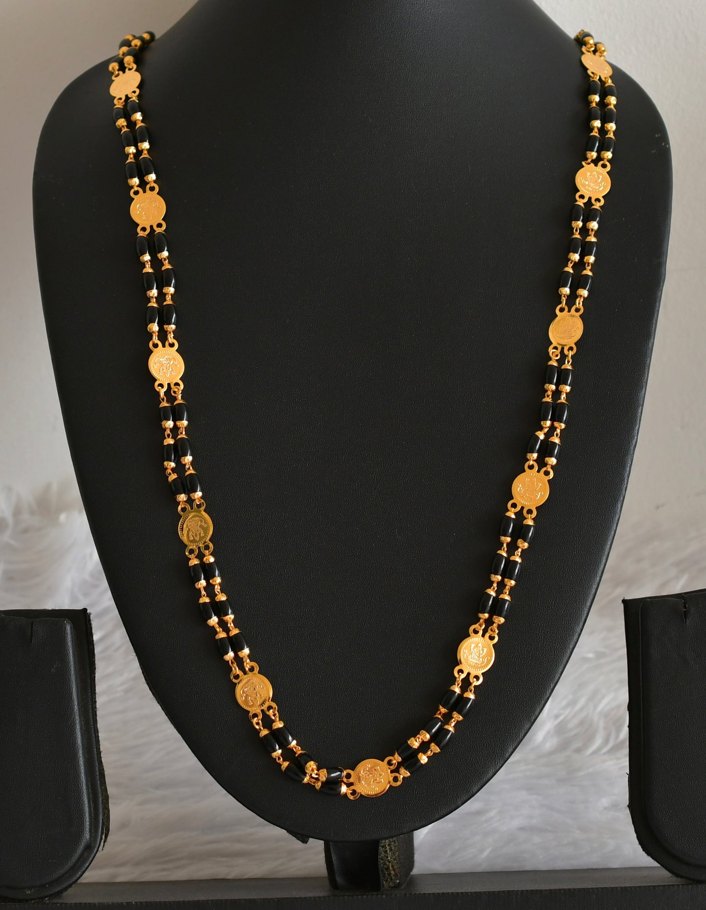 Gold tone 30 inches black beaded Lakshmi coin chain dj-51839