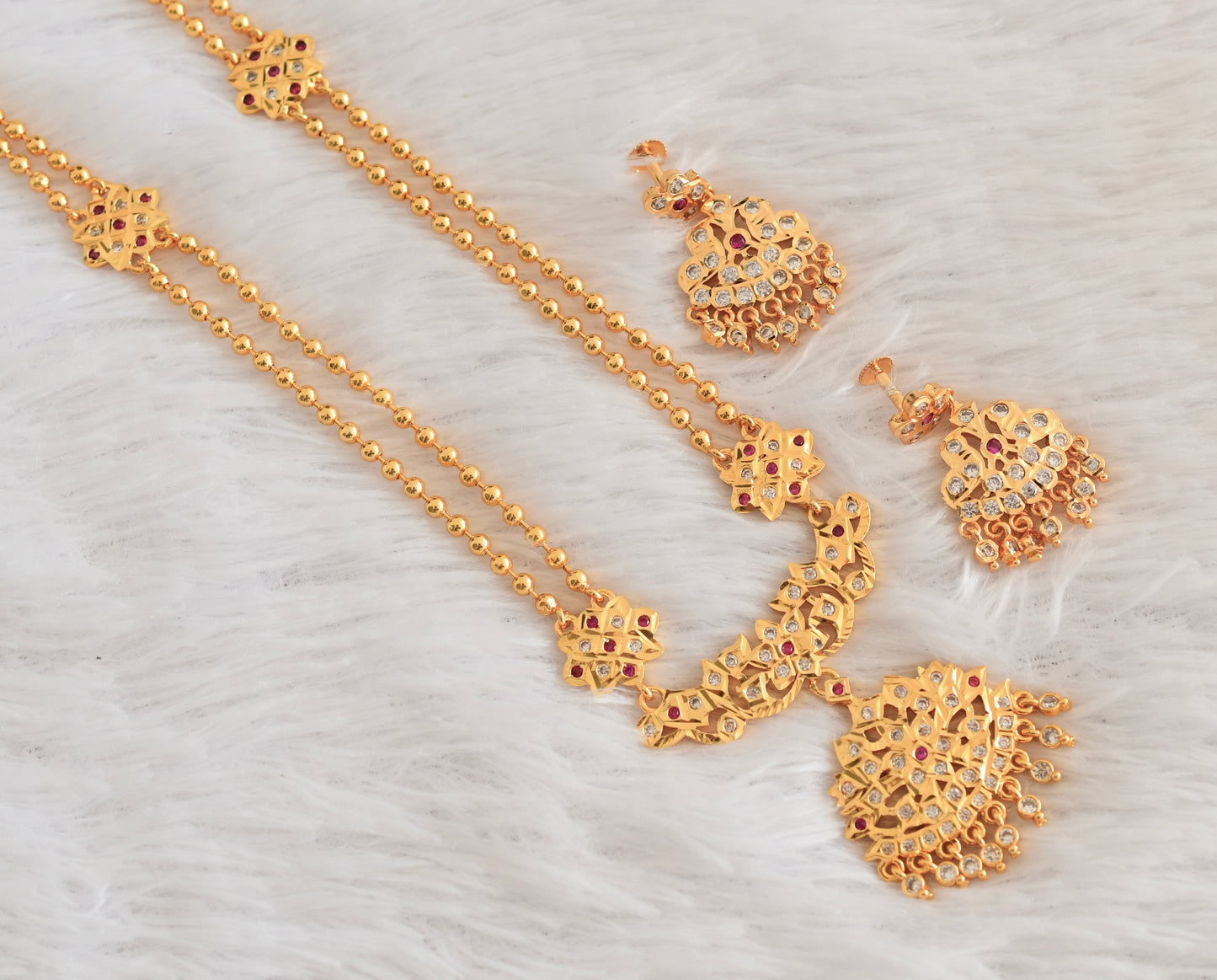 Gold tone South Indian style AD pink-white ball short haar set Dj-53317