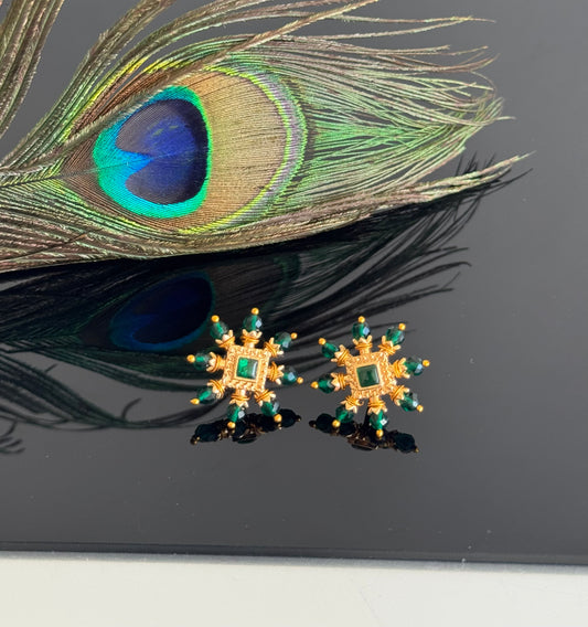 Gold tone green square stone beaded stud/earrings dj-51596