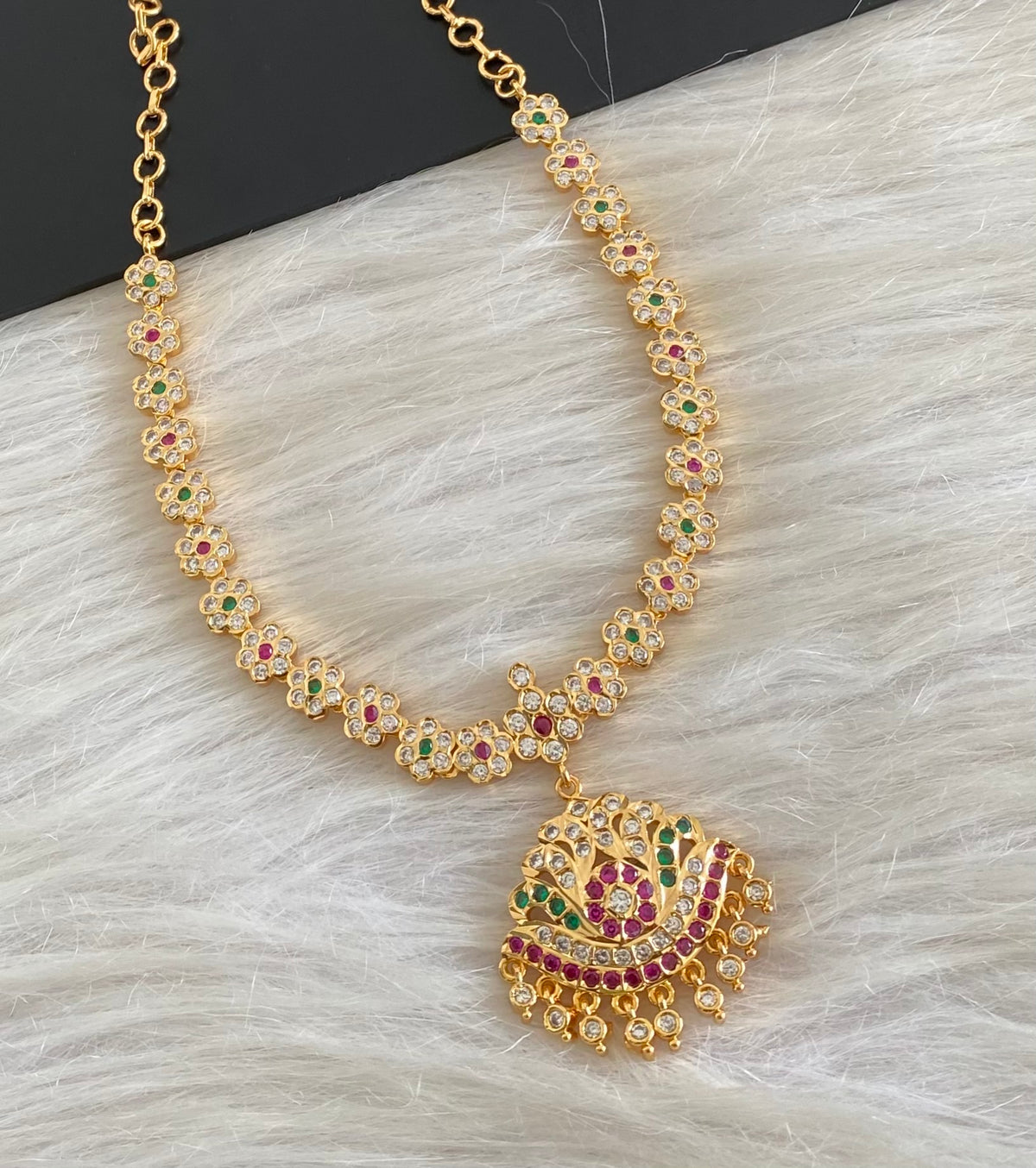 Gold tone south indian AD white-pink-green stone flower necklace dj-54922