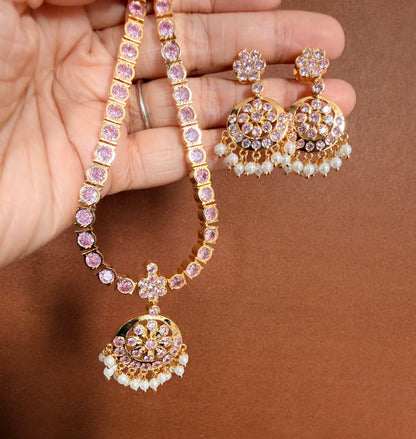 Gold tone ad baby pink south indian style attigai/necklace set dj-45884