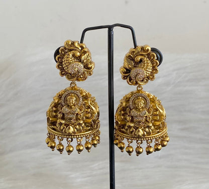 Antique gold tone cz white nakshi peacock lakshmi jhumkka dj-55101