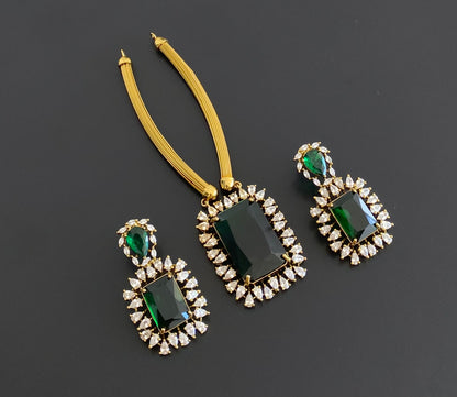 Antique gold tone big green stone kante necklace set dj-54770