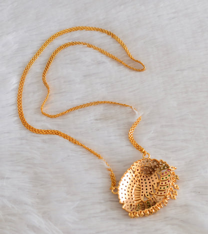 Gold tone AD pink-white-green peacock pendant with chain dj-53319