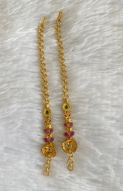 Antique gold tone pink-white-green stone ganesha ear side chain dj-54047