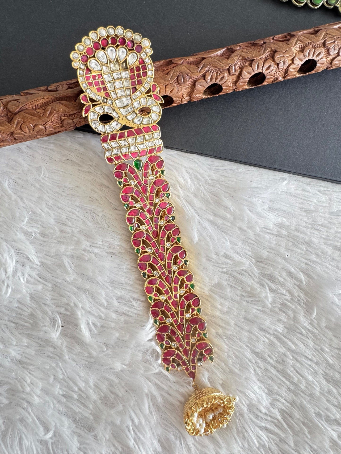 Gold tone pink-green kundan jadau jadai nagam/hair jewel dj-52033