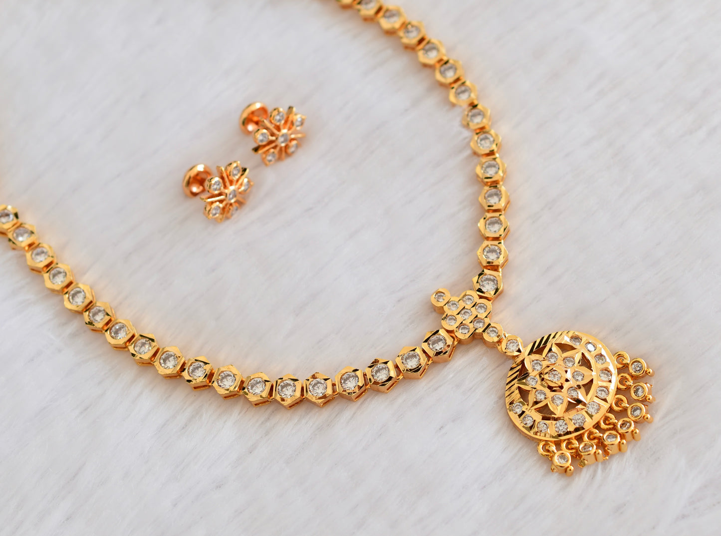 Gold tone AD white stone south Indian necklace set dj-53330