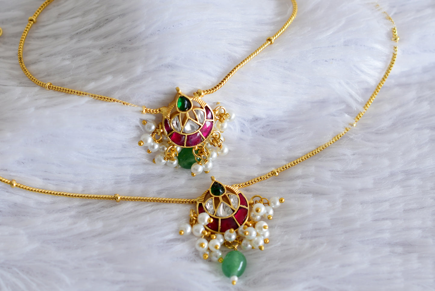 Gold tone pink-white-green kundan jadau anklets dj-52404