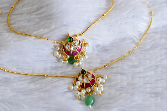 Gold tone pink-white-green kundan jadau anklets dj-52404