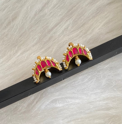 Gold tone pink kundan jadau moon bugadi earrings dj-54595