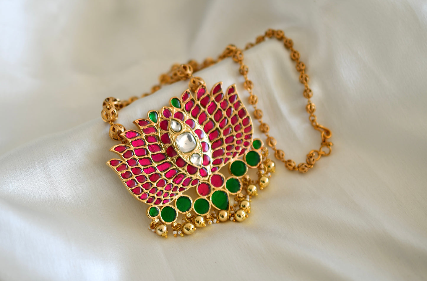 Gold tone pink-green kundan jadau lotus pendant necklace dj-52602