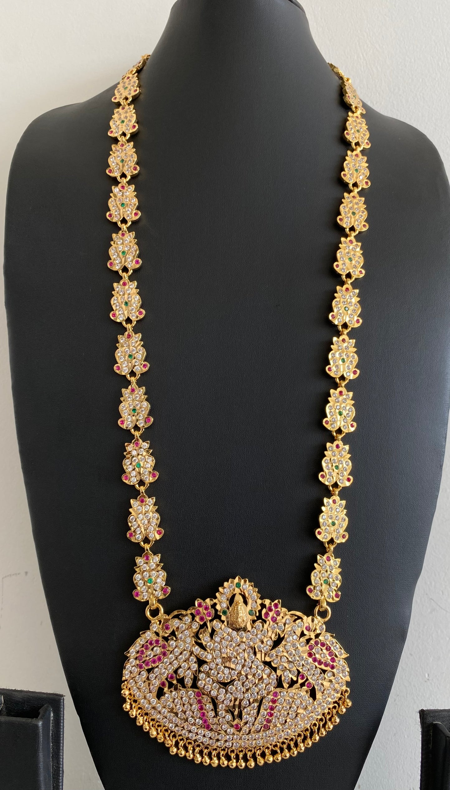 Gold tone south indian style grand AD pink-white-green peacock lakshmi haar dj-53256