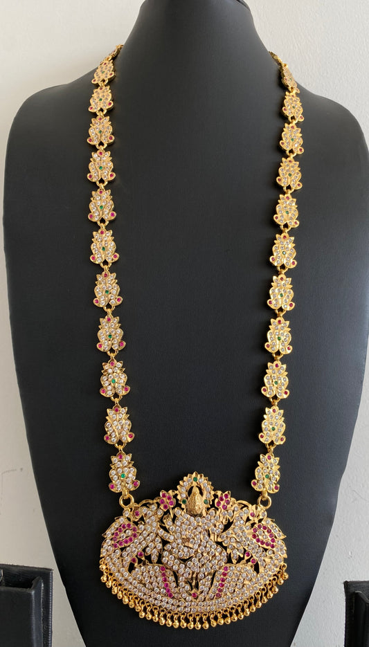 Gold tone south indian style grand AD pink-white-green peacock lakshmi haar dj-53256