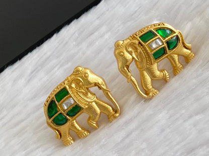 Gold tone green-white kundan jadau elephant earrings dj-53537