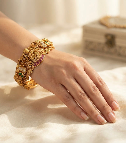 Antique gold tone kemp-green-white stone lakshmi peacock openable kada/bracelet dj-54853