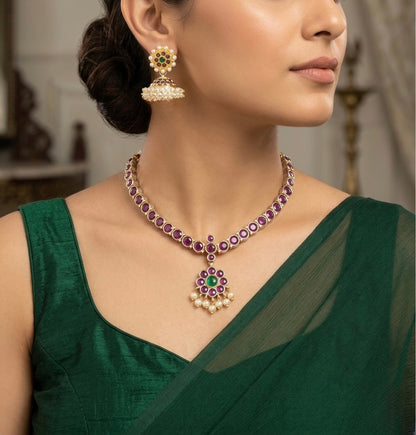 Gold tone precious kemp-green pearl necklace set dj-54519