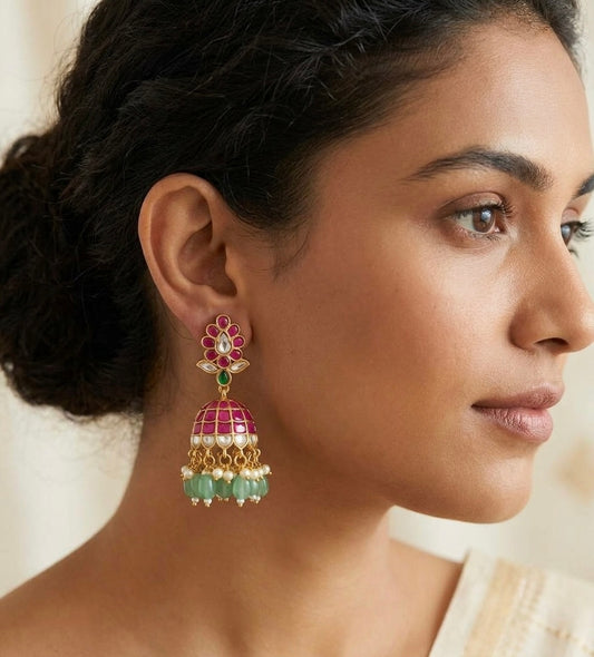 Gold tone pink-white kundan jadau green beaded pearl jhumkka dj-55097