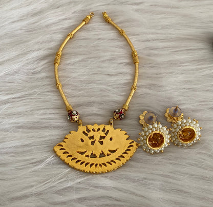 Gold tone kemp-green meenakari peacock hasli handmade necklace set dj-55021