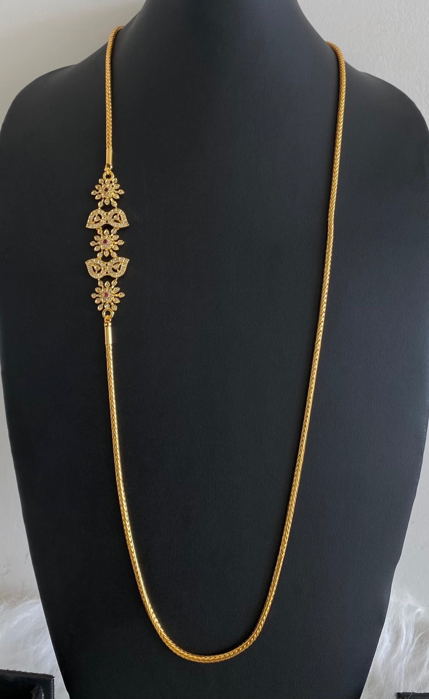 Gold tone white-pink stone mango flower 30 inches mugappu chain dj-54423
