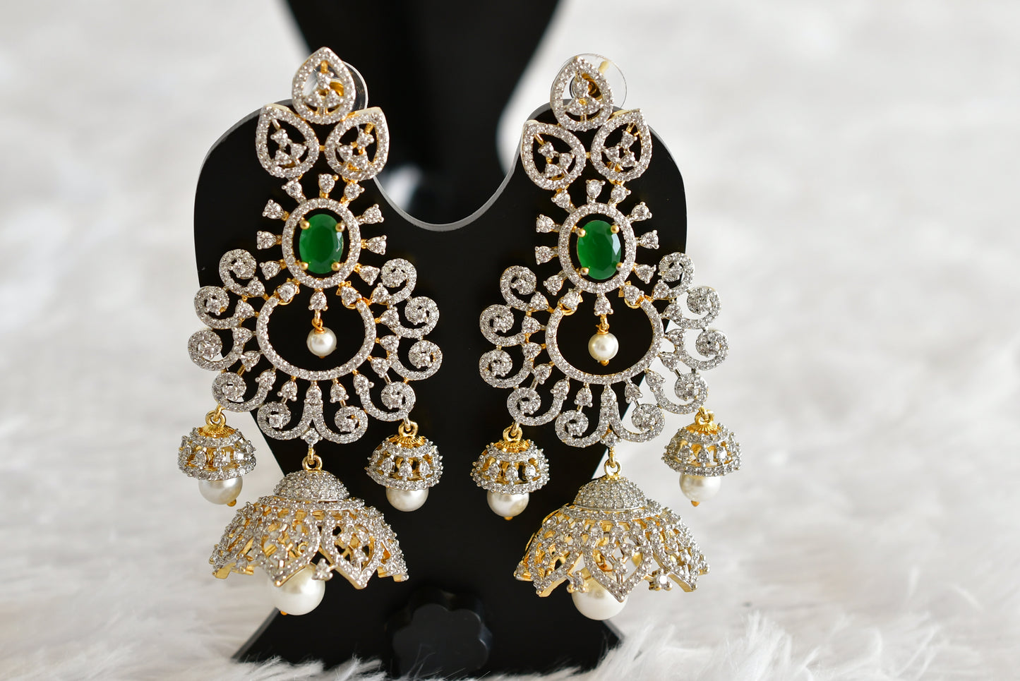 Two tone cz green pearl long bali jhumkka dj-51883
