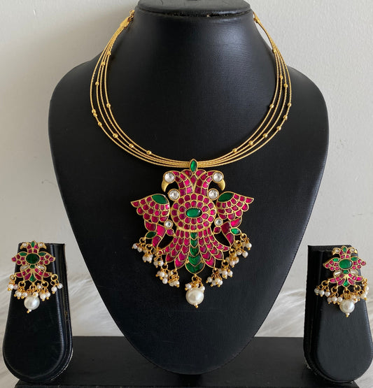 Gold tone kundan jadau ganda berunda pendant set with kanti chain dj-54181