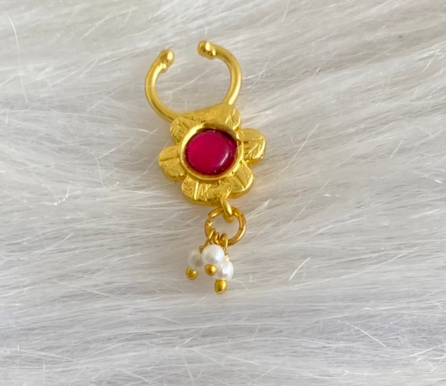 Gold tone pink stone pearl nose pin/bulakku dj-53814