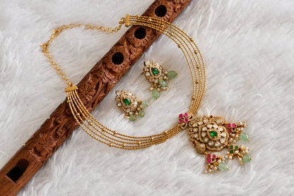 Antique gold tone pink-green kundan jadau kante necklace set dj-52424