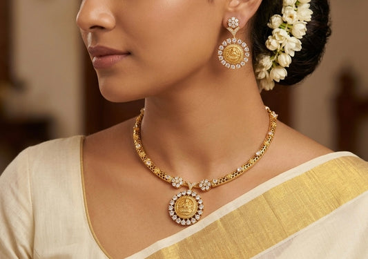 Gold tone white stone lakshmi necklace set dj-54353
