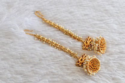 Matte finish kemp-green pearl lotus jhumkka with ear side chain dj-52558