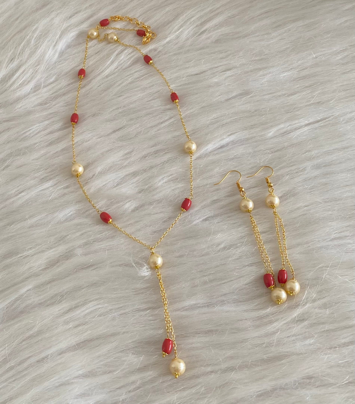 Gold tone coral-pearl necklace set dj-54986