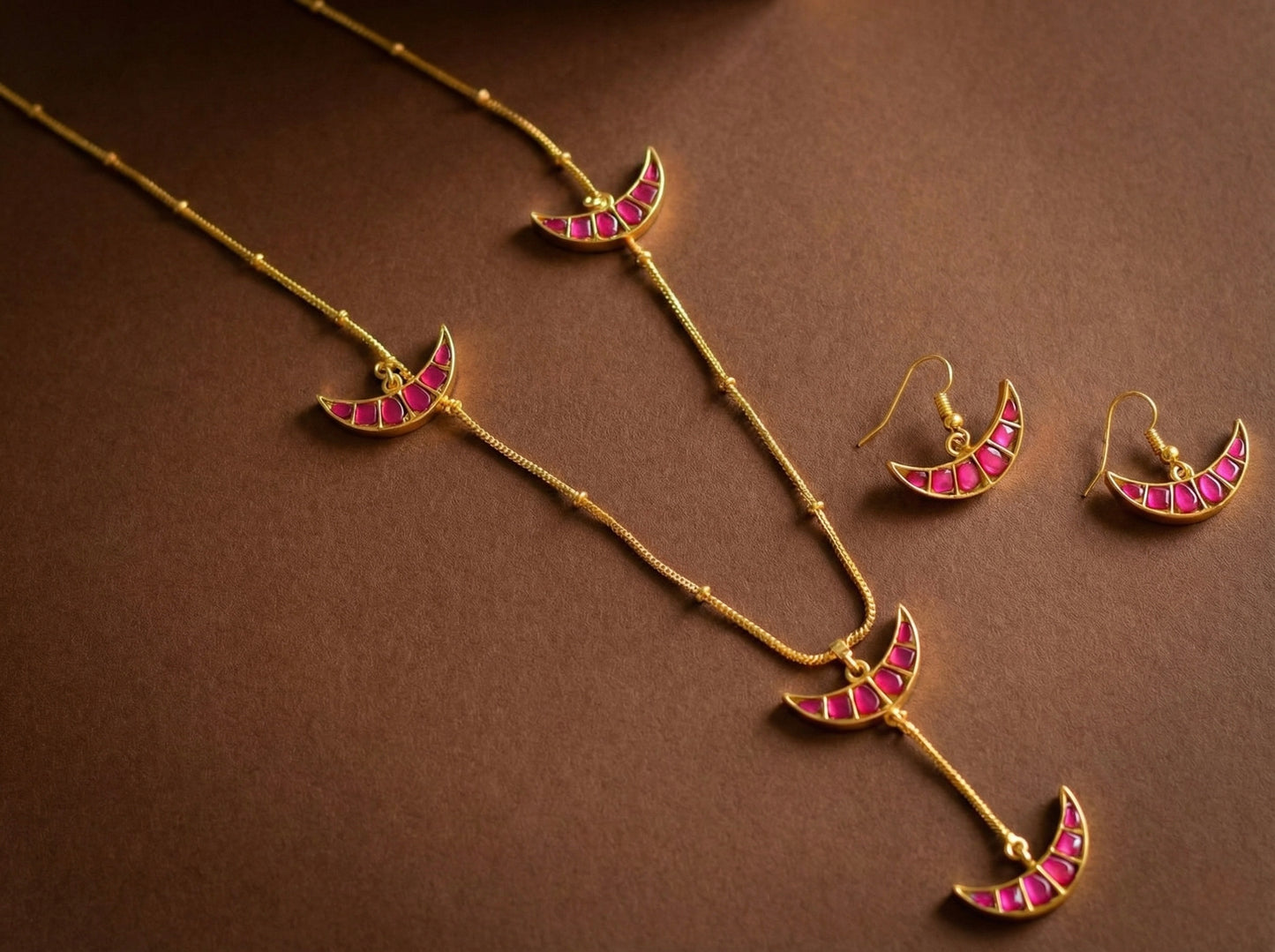 Gold tone pink kundan jadau moon chain/necklace set dj-43153