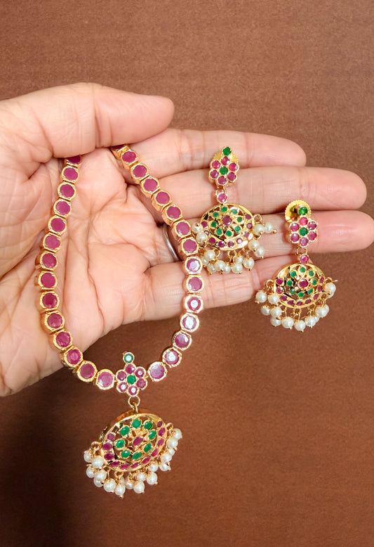 Gold tone AD ruby-green south indian style attigai/necklace set dj-51669