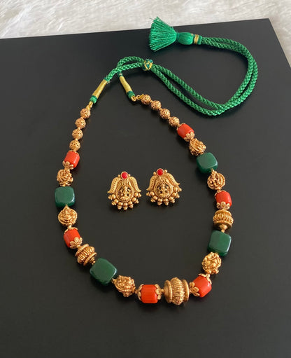 Antique gold tone coral green nakshi beaded lakshmi ganesha necklace set dj-54947