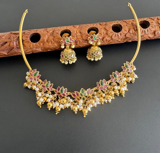 Matte finish kemp-green-white lotus hasli necklace set dj-46608