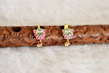 Gold tone pink-green-white kundan jadau butterfly bugadi earrings dj-52486