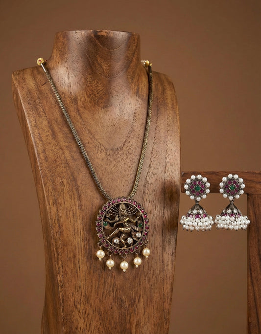 Black finish precious kemp-green pearl Nataraj attigai necklace set dj-52532