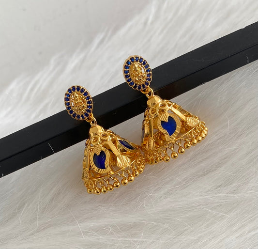 Gold tone kerala style blue mango 4 petal lakshmi jhumkka dj-54316