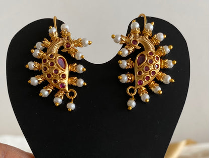 Matte gold pink stone pearl peacock bugadi earrings dj-53671
