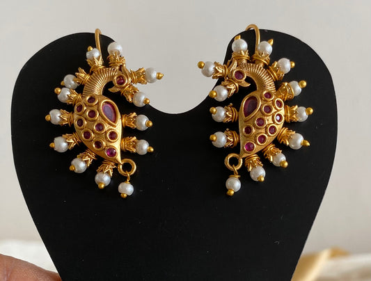 Matte gold pink stone pearl peacock bugadi earrings dj-53671
