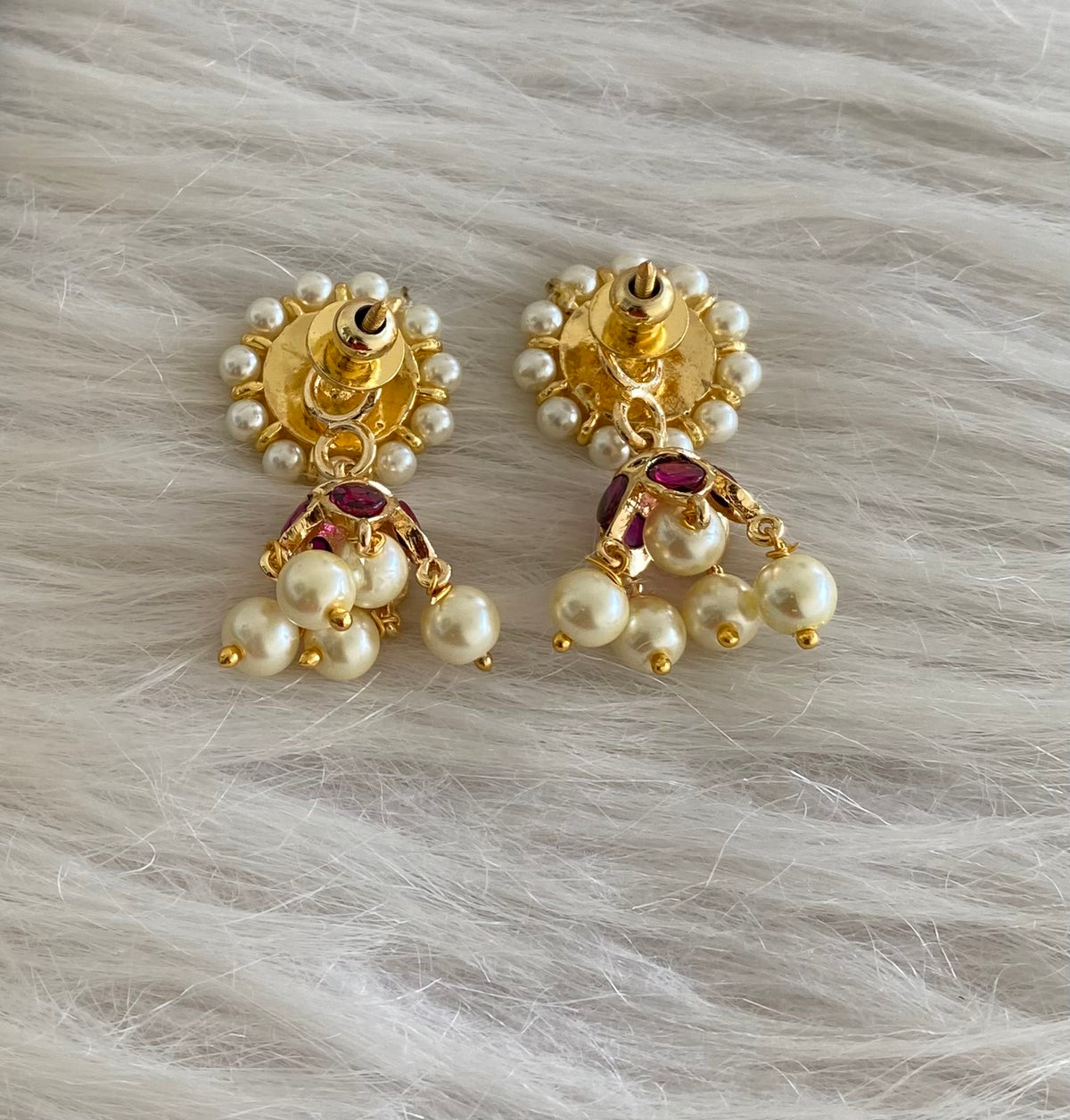 Gold tone precious kemp-green pearl screw back jhumkka dj-55083